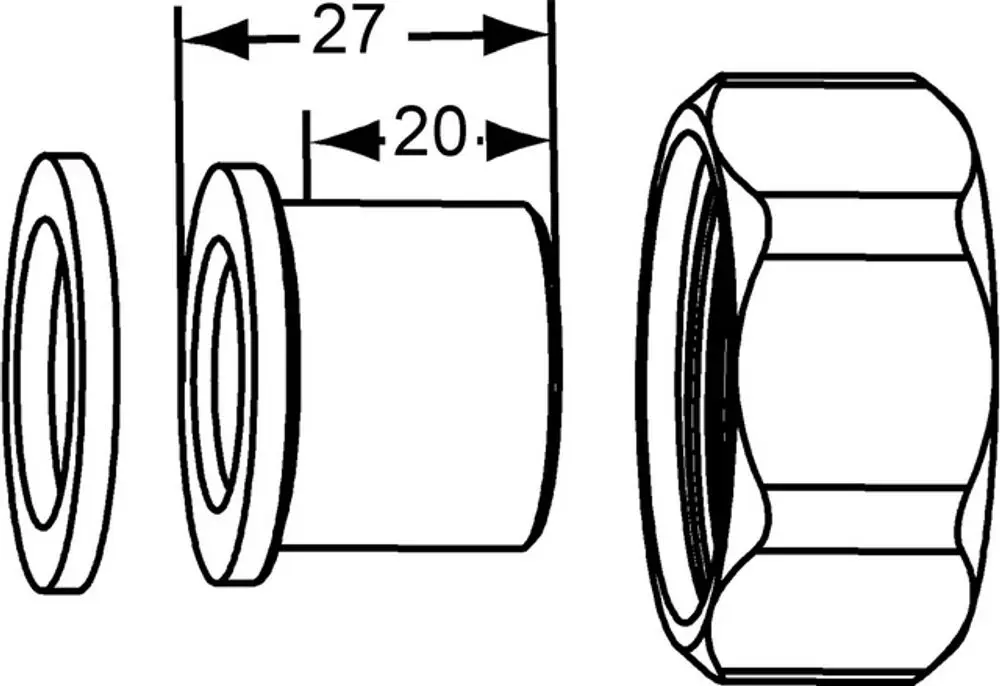 Verschraubung mit Lötnippel, dargestellt in einer technischen Zeichnung. Erforderliche Maße und Details sind klar sichtbar. Produkt von IMI Hydronic Engineering.